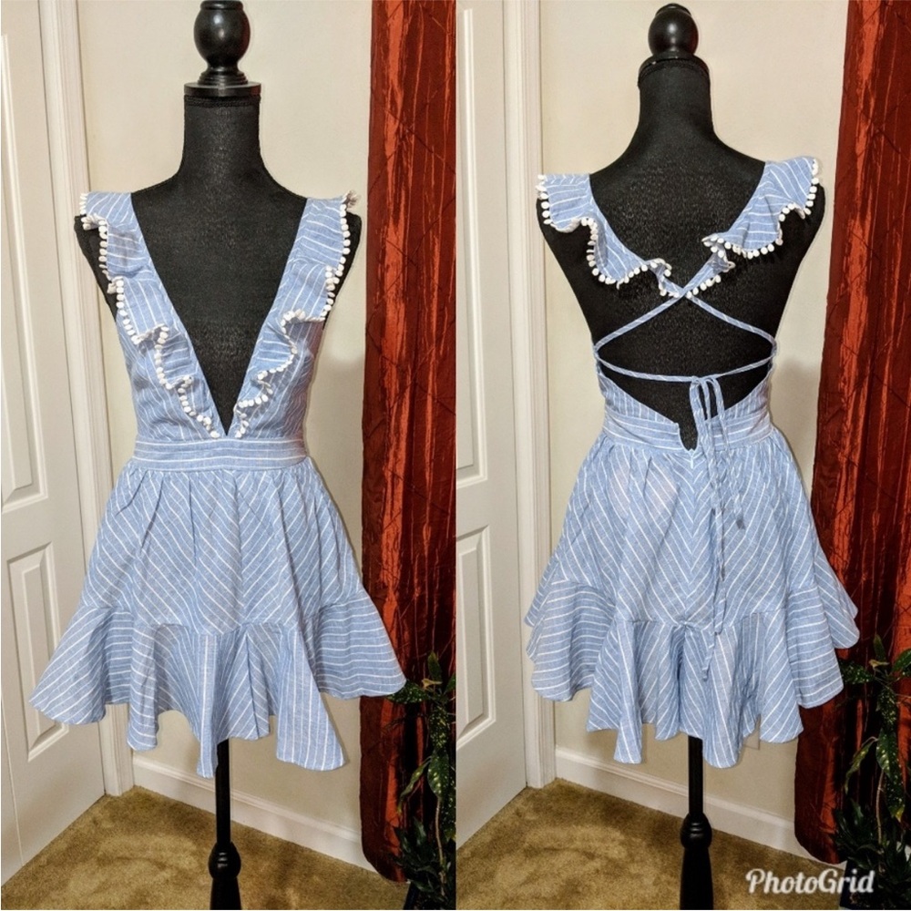 Blue Striped Ruffle Tie-Back romper
